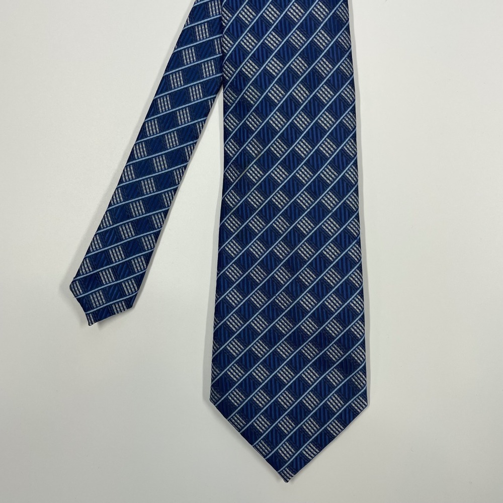 Moda Blue Geometric Grid Woven Silk Blend Necktie Mens One Size